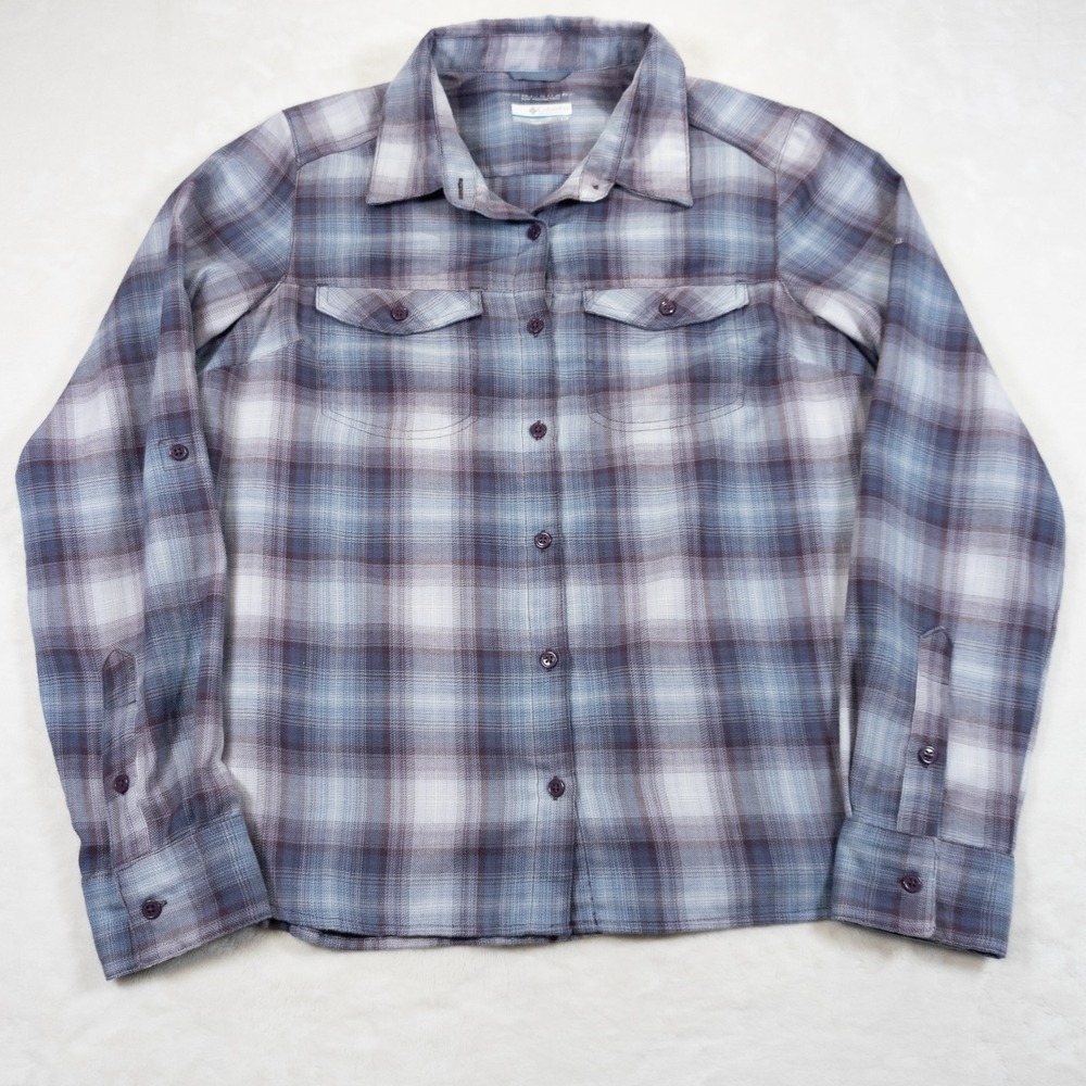 Columbia Omni Shade Plaid Shirt Womens L Purple Soft Lightweight Button Up